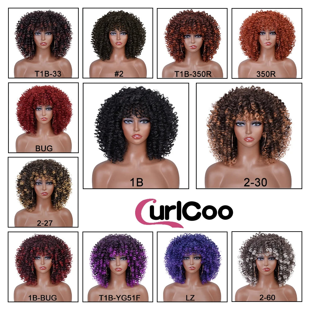 Short Afro Kinky Curly Wigs With Bangs For Black Women - Synthetic Ombre Natural Heat Resistant Hair