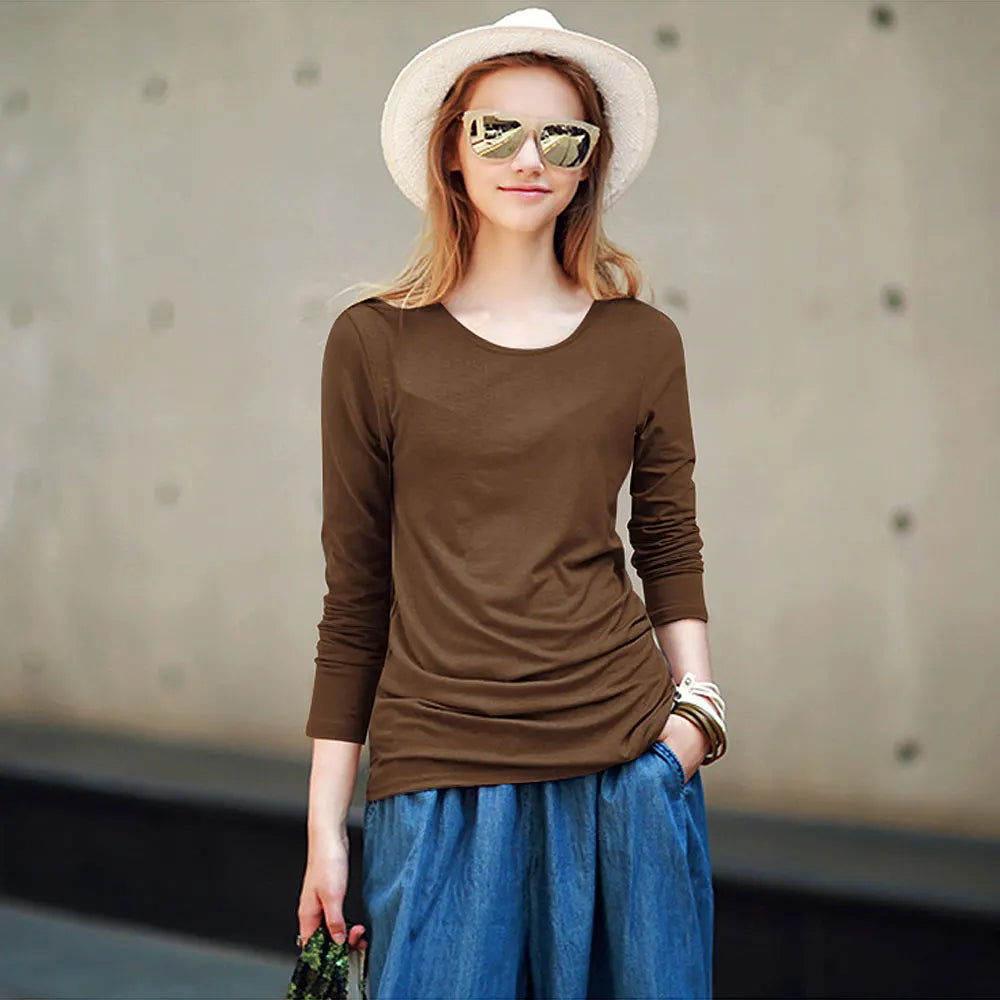 Women’s Cotton V-Neck Long Sleeve Tee – Casual Solid Colors