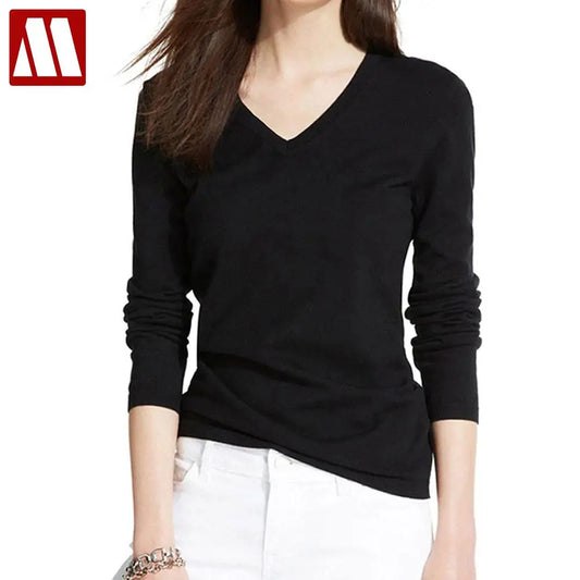 Women’s Cotton V-Neck Long Sleeve Tee – Casual Solid Colors