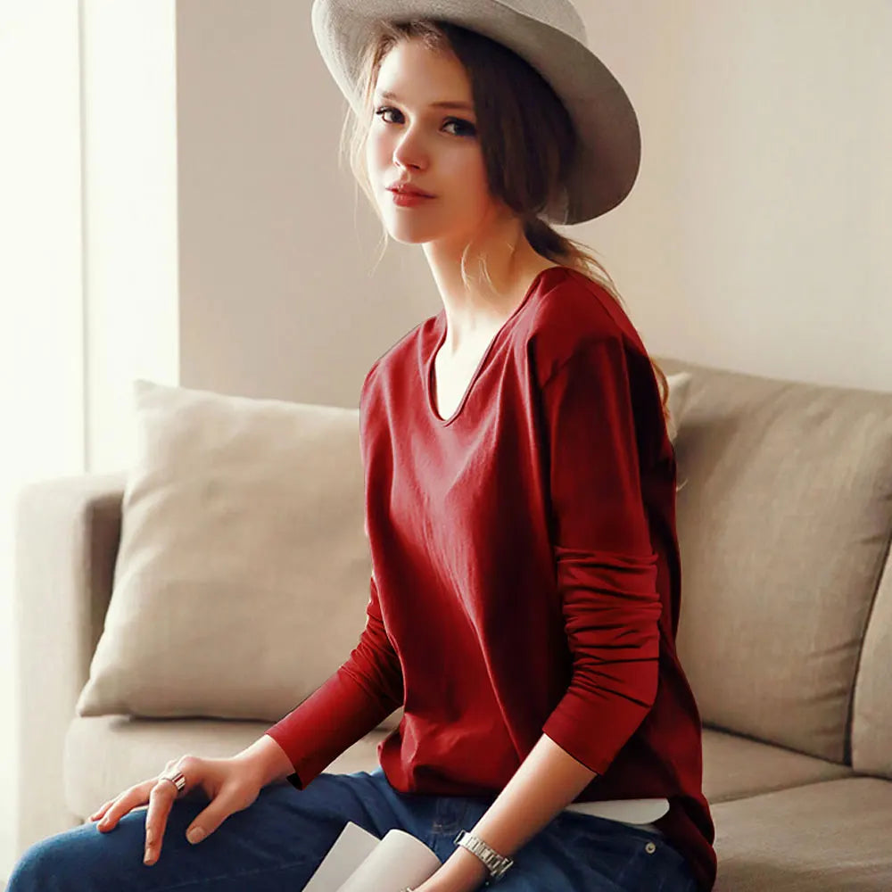 Women’s Cotton V-Neck Long Sleeve Tee – Casual Solid Colors