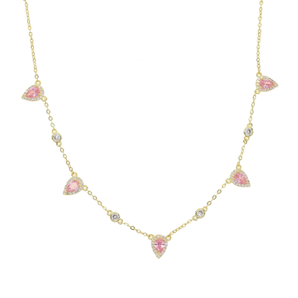 Boho Gold-Plated Pink Cubic Zirconia Choker | Elegant Geometric Pendant Necklace for Women