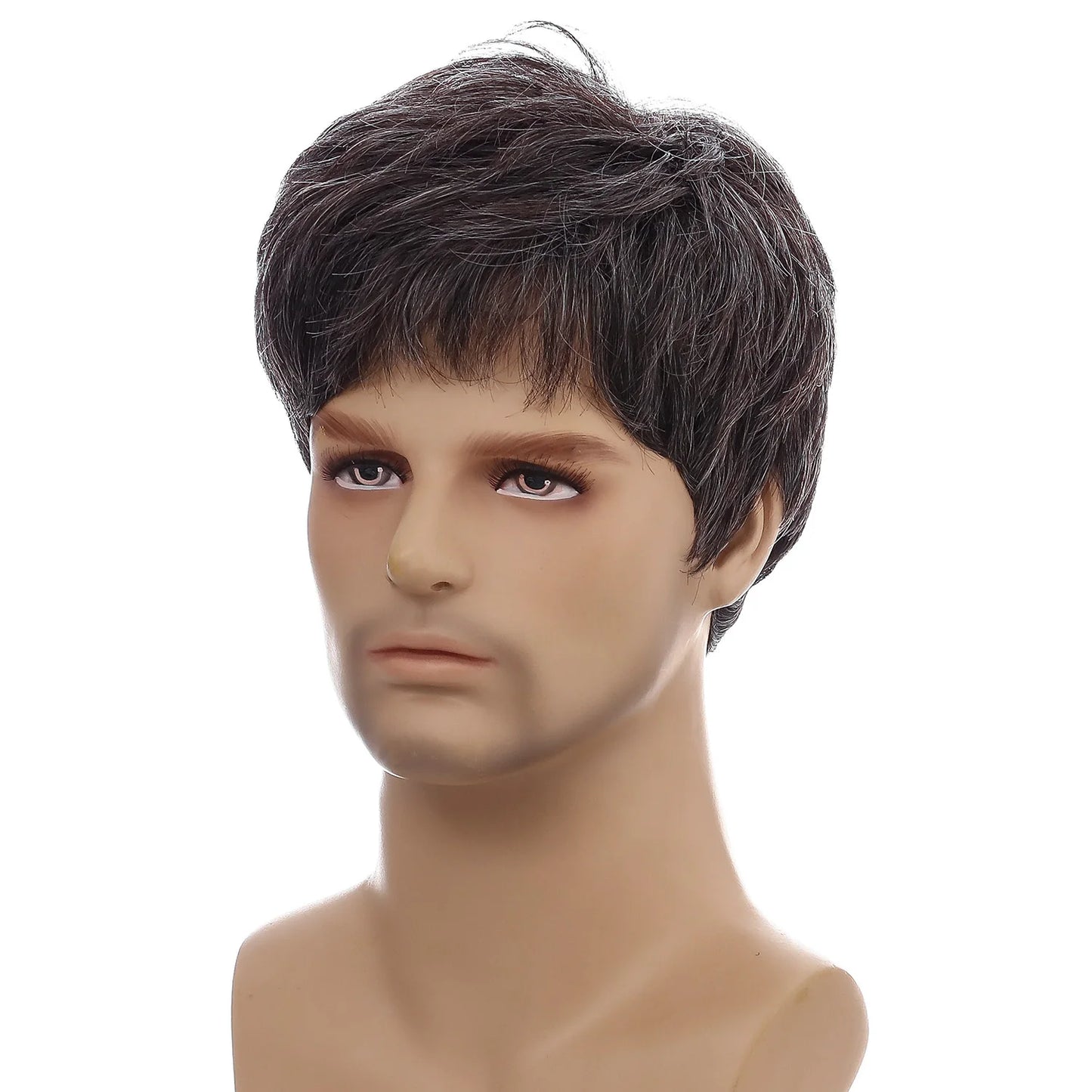 Wigs for Men Synthetic Short Straight Hair With Bangs - Natural Black - Mixed Grey Wigs Cosplay Daily Use Heat Resistant Fiber Wigs