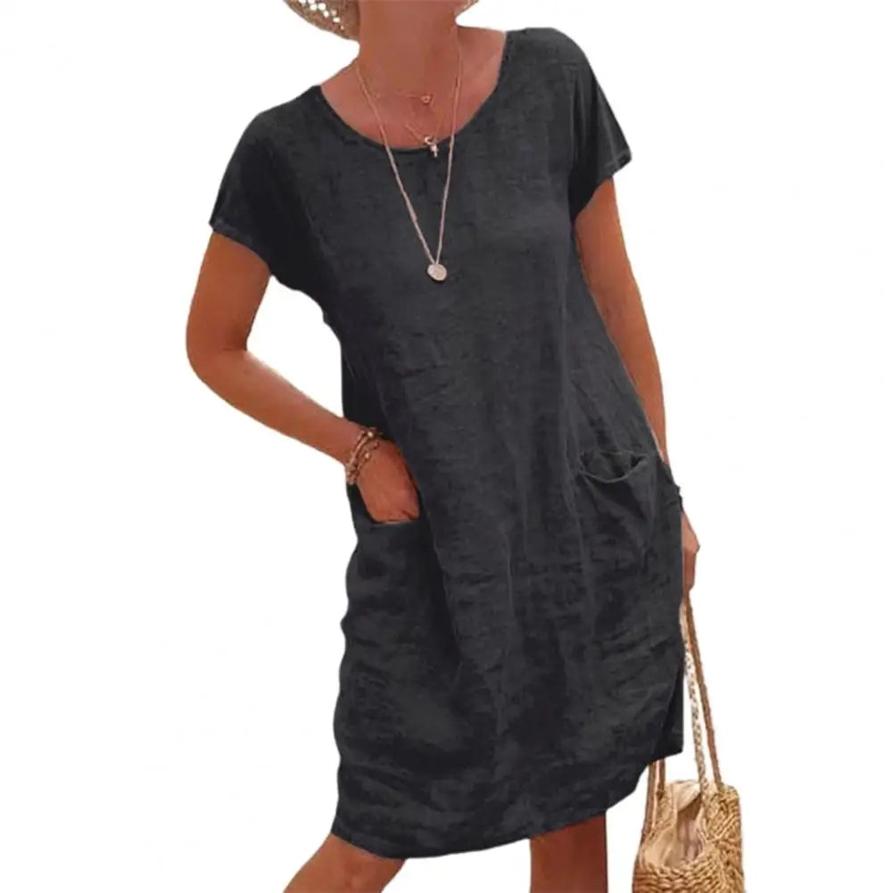 Sanwood Women's Vintage Solid Color Knee-Length Dress - Casual Short Sleeve Round Neck for Middle-Aged Women