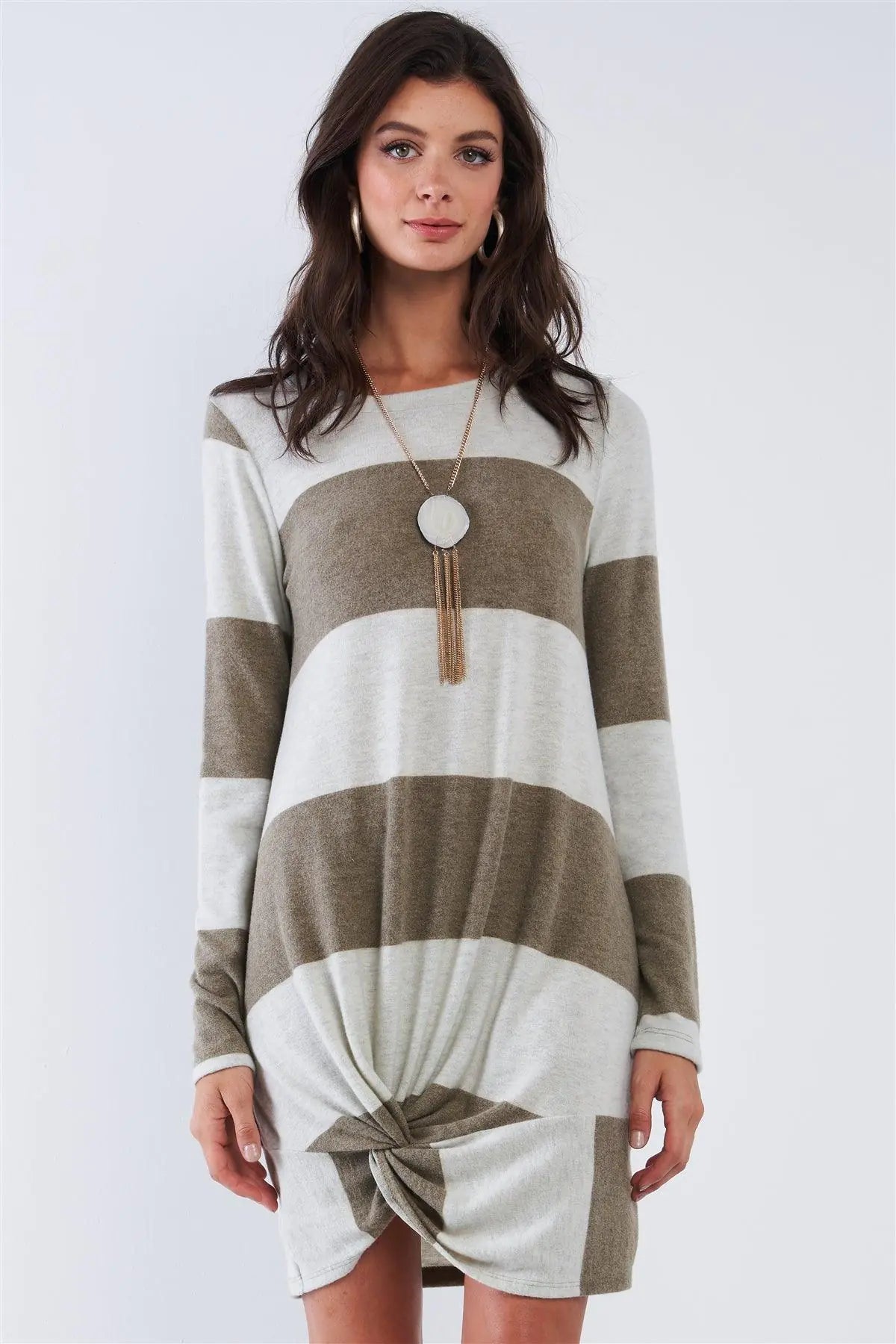 Olive Plush Soft Large Horizontal Stripe Round Neck Long Sleeve Front Swirl Tie Detail Mini Top Dress /2-2