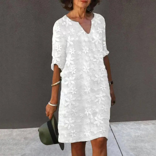 Female Beach Dress V Neck Half Sleeves Flower Embroidery Pullover  - Elegant Casual Wear White Color Women Summer Loose Casual Midi