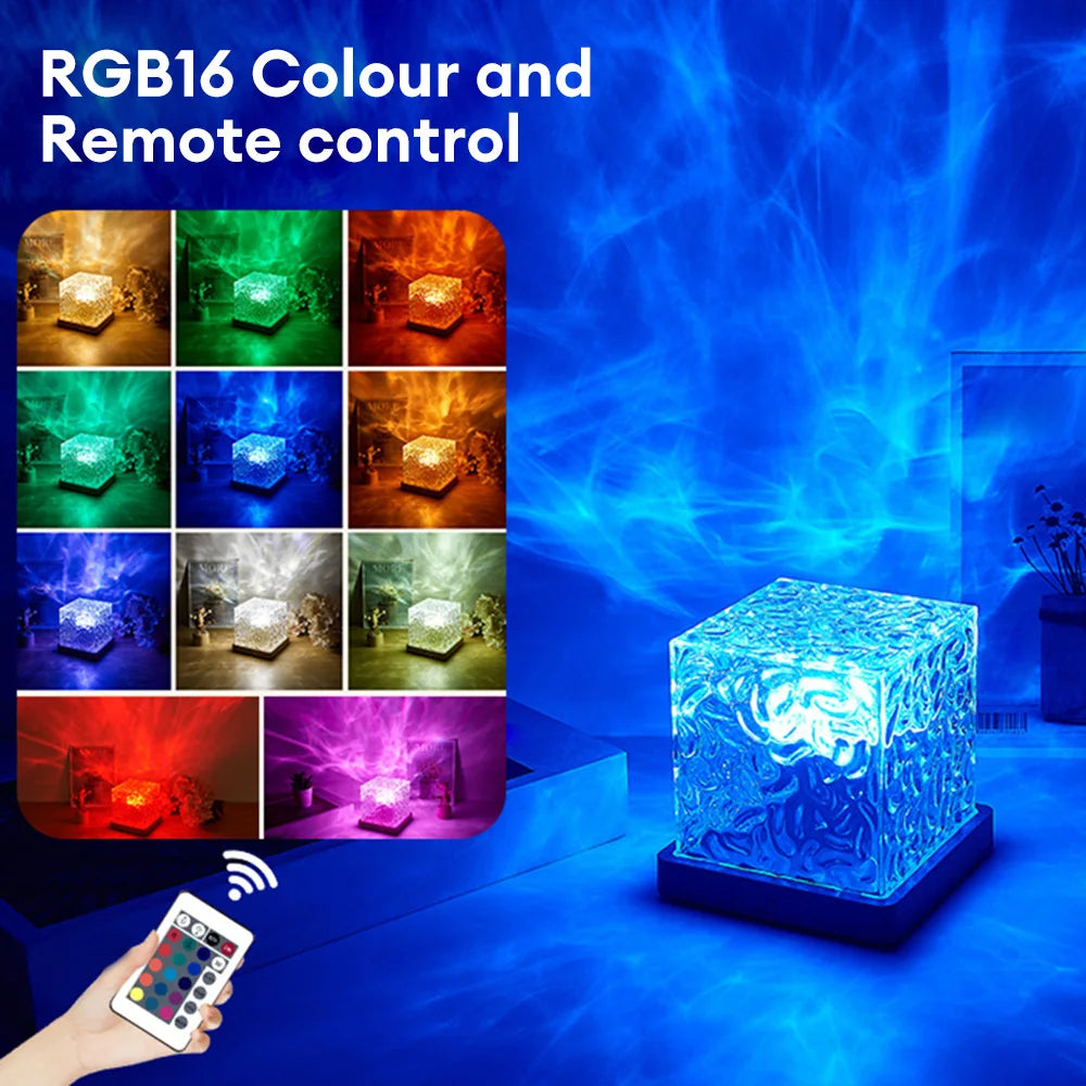 Elegant USB Crystal Lamp with Water Ripple Projection – Square RGB Sunset Night Light with Remote Control for Ambient Home Decor