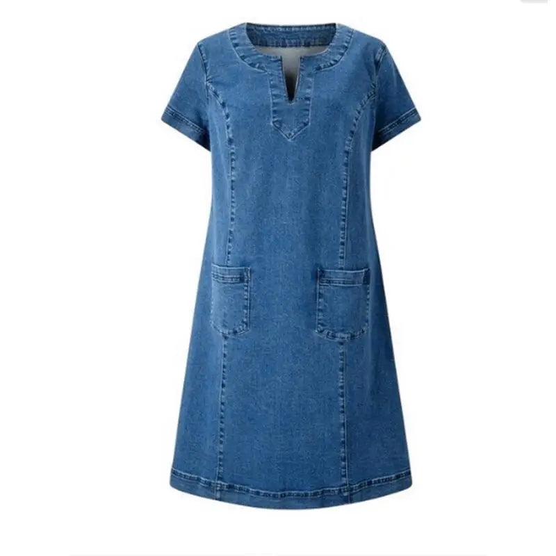 Women’s Casual V-Neck Denim A-Line Dress – Short Sleeves, Pockets, All-Season, Loose Fit Mini Dress