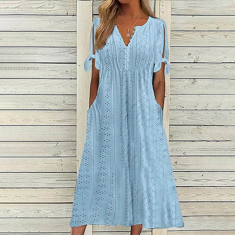 Hollow Out Lace Long Dress for Women - Summer 2024 V-Neck Casual Beach Dress