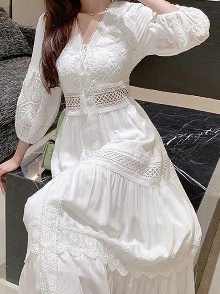 White Boho Lace Long Dress for Women - Summer Vintage Beach Style