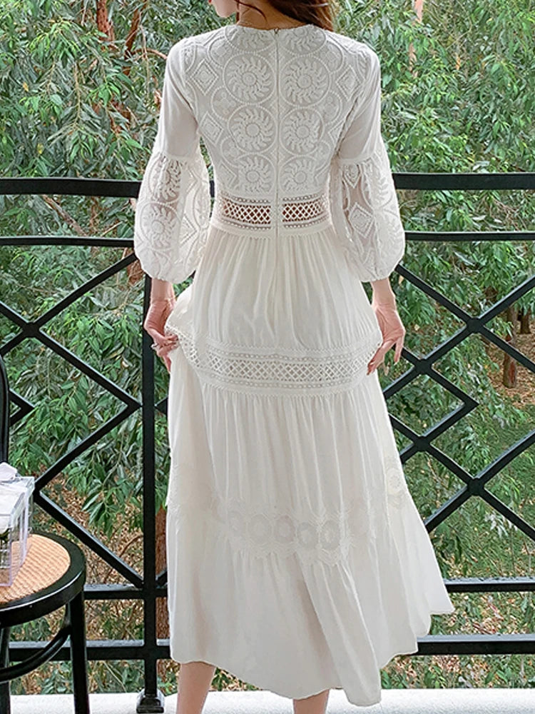 White Boho Lace Long Dress for Women - Summer Vintage Beach Style