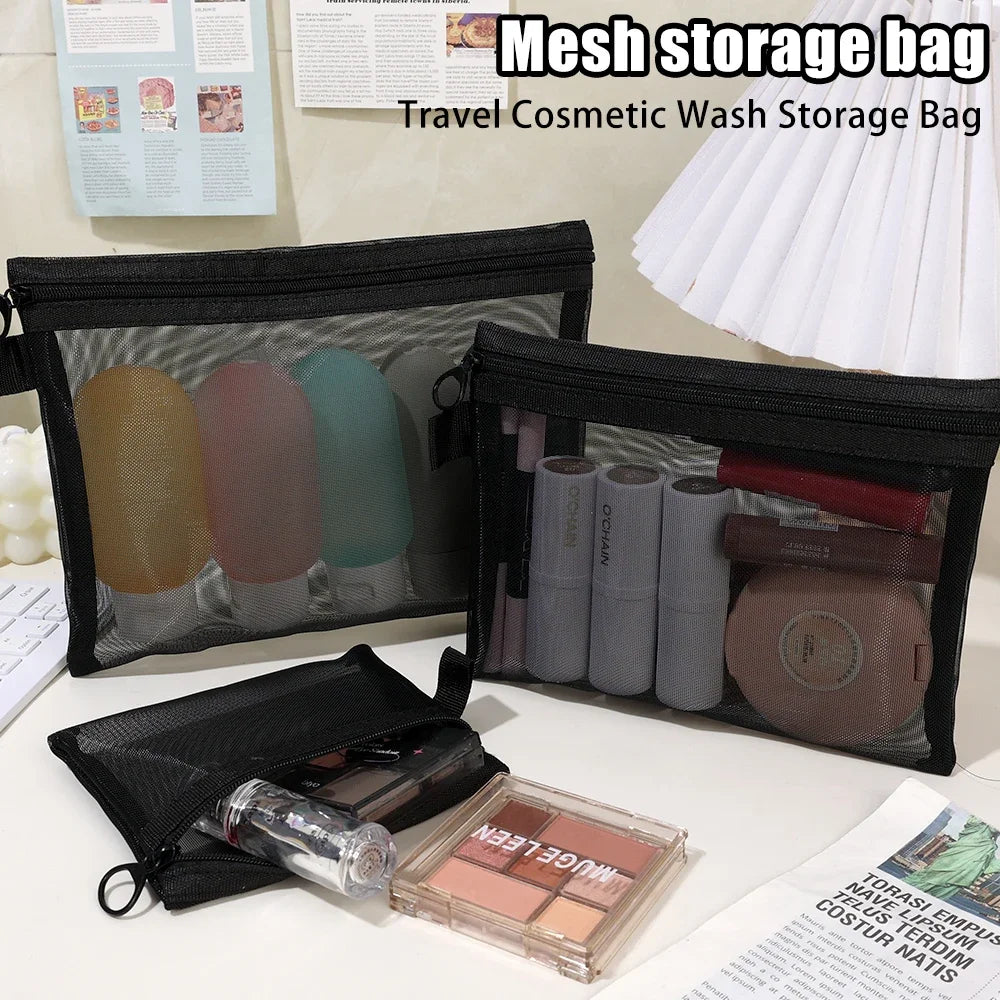 Portable Mesh Makeup Bag – Black Transparent Cosmetic & Toiletry Organizer (Available in 1 or 6 Pieces)