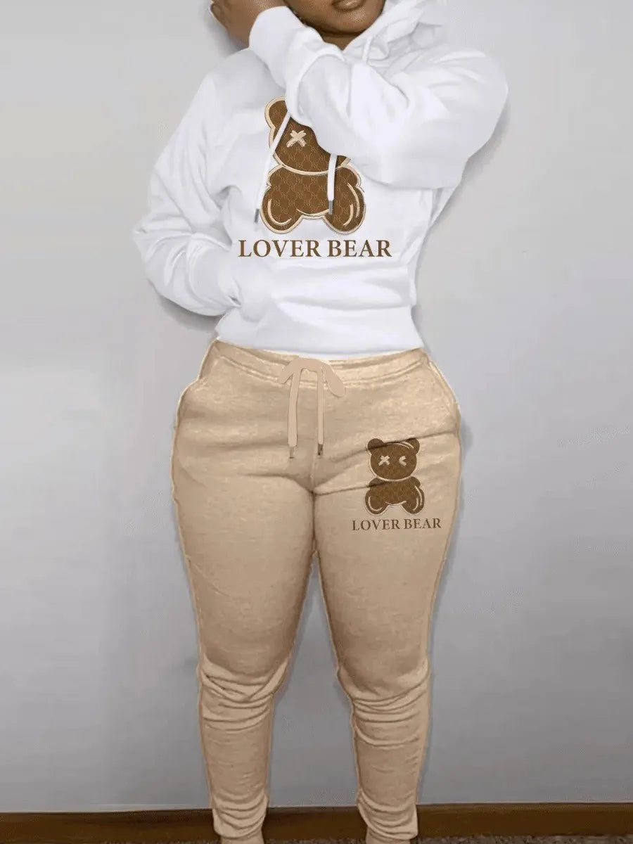 Bear Letter Print Kangaroo Pocket Tracksuit Set Long Sleeve Hoodie+Drawstring Trousers Women Two Pieces Matching Suits