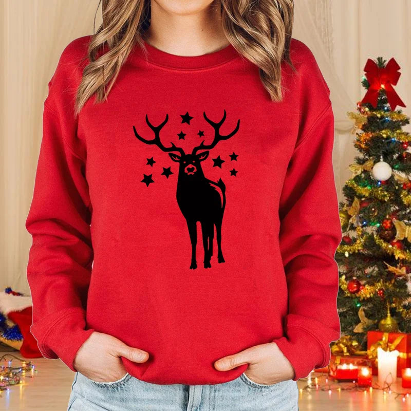 Women’s Merry Christmas Elk Sweatshirt – Cute Holiday Pullover, Fleece-Lined, Casual Winter Knit Top