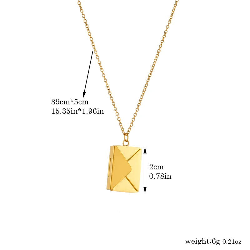 Stainless Steel Gold Color Envelope Pendant Necklace For Women