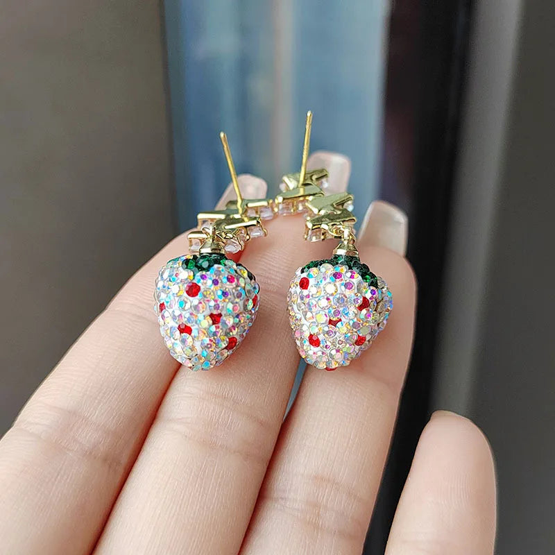 Trendy Strawberry Drop Earrings with Shiny Zircon Accents – Colorful Fruit-Inspired Jewelry for Women