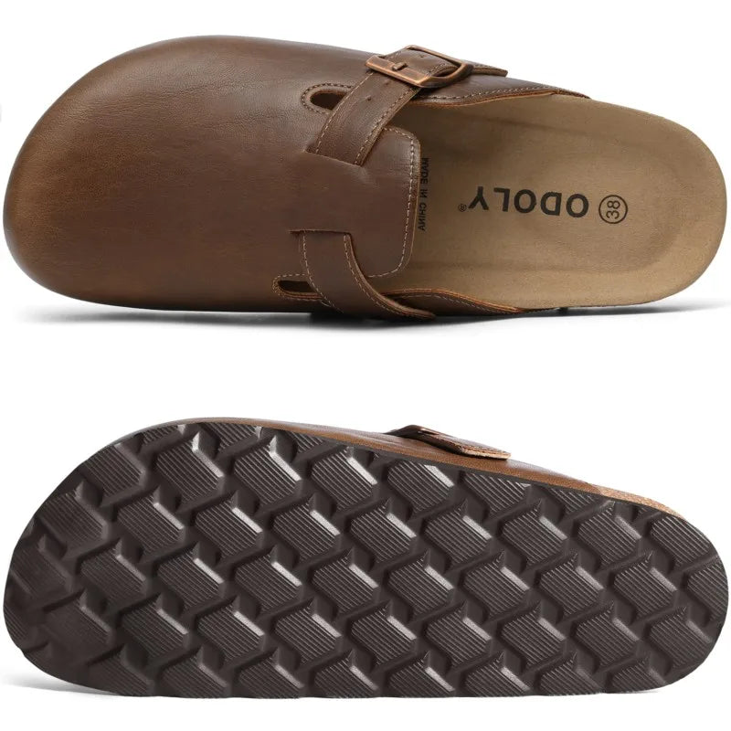 Kidmi New Men Sandals Vegan Leather Cork Insole Potato Shoes Unisex Adjustable Buckle Slip-On Clogs with Arch Support