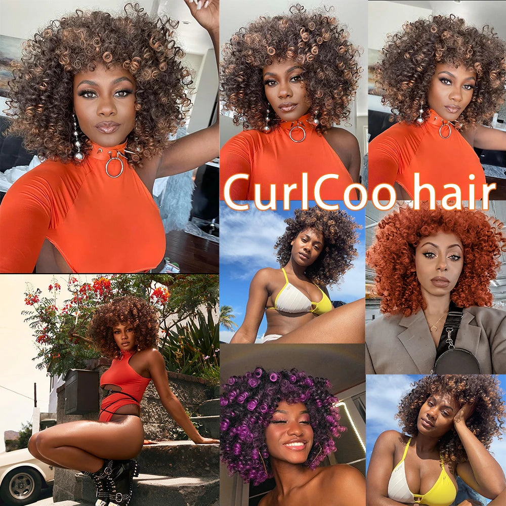 Short Afro Kinky Curly Wigs With Bangs For Black Women - Synthetic Ombre Natural Heat Resistant Hair