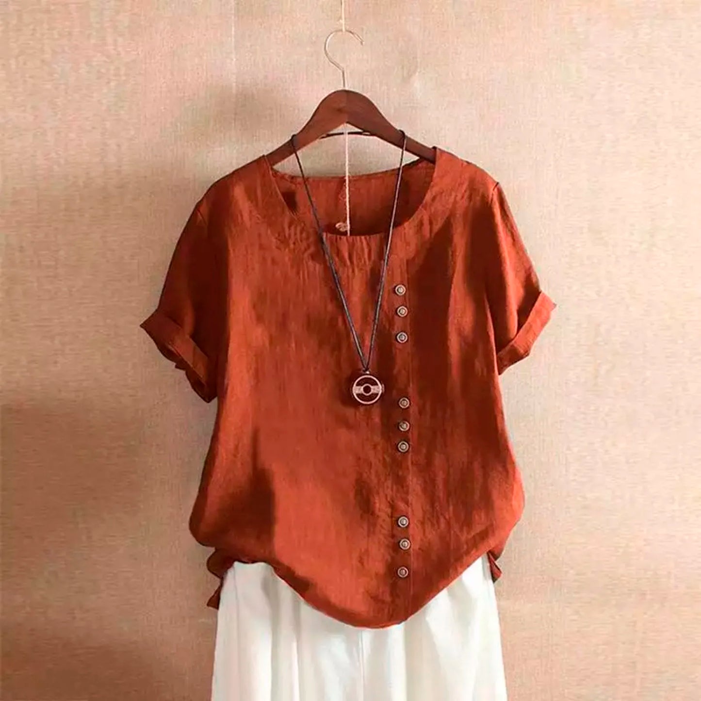 Summer Casual Linen Cotton Blouse Women / Elegant Button Short Sleeve Shirt