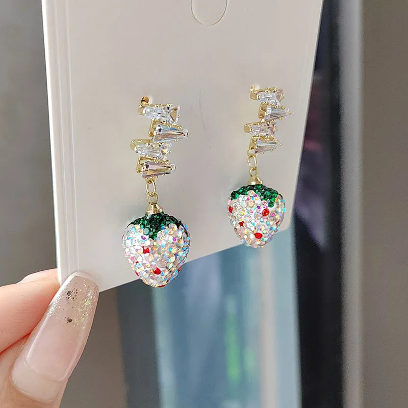 Trendy Strawberry Drop Earrings with Shiny Zircon Accents – Colorful Fruit-Inspired Jewelry for Women