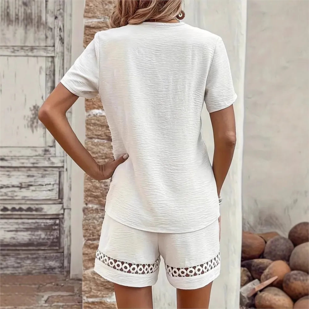 Fashion Lace V Neck Spliced Short Sleeve Women's Suit Casual Loose Home Wear Female Beach Vacation Shorts 2 Piece Set 2025