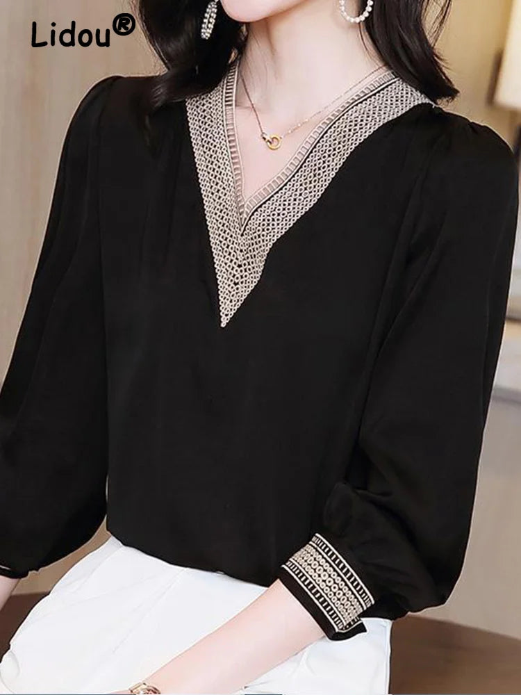 Elegant Fashion V-neck Embroidery Hollow Out Dignified Shirt