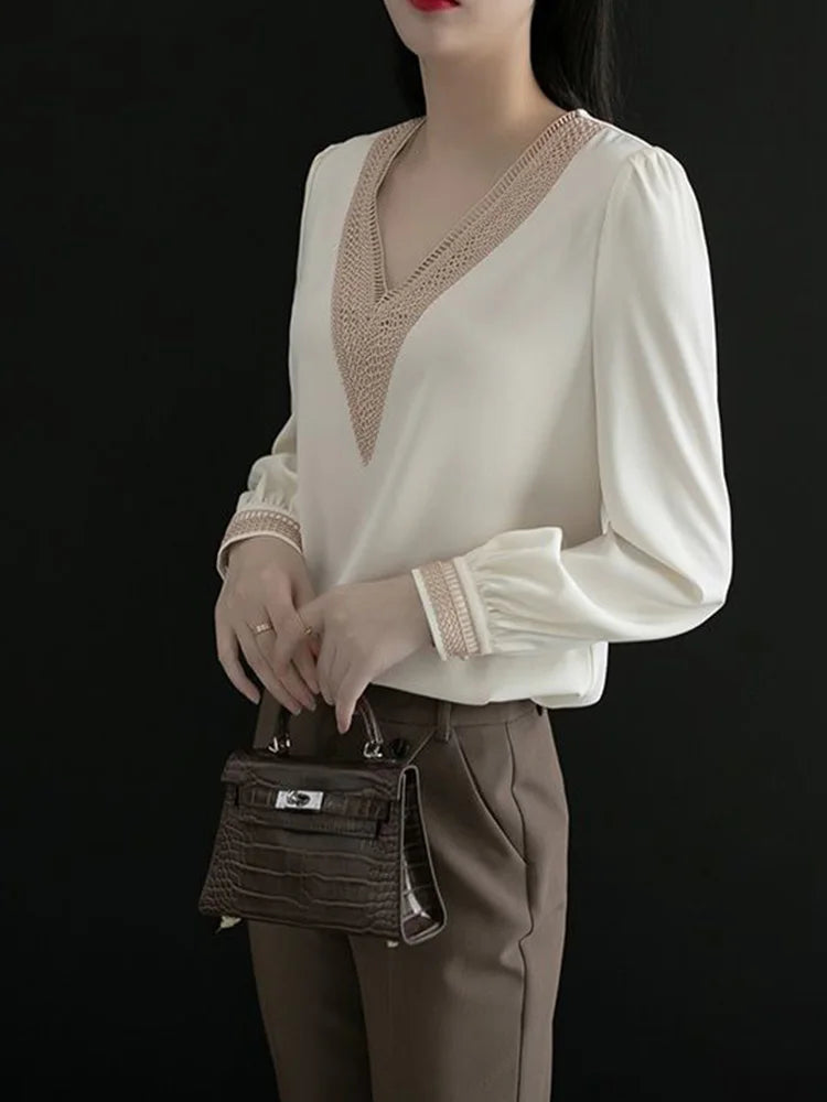 Elegant Fashion V-neck Embroidery Hollow Out Dignified Shirt