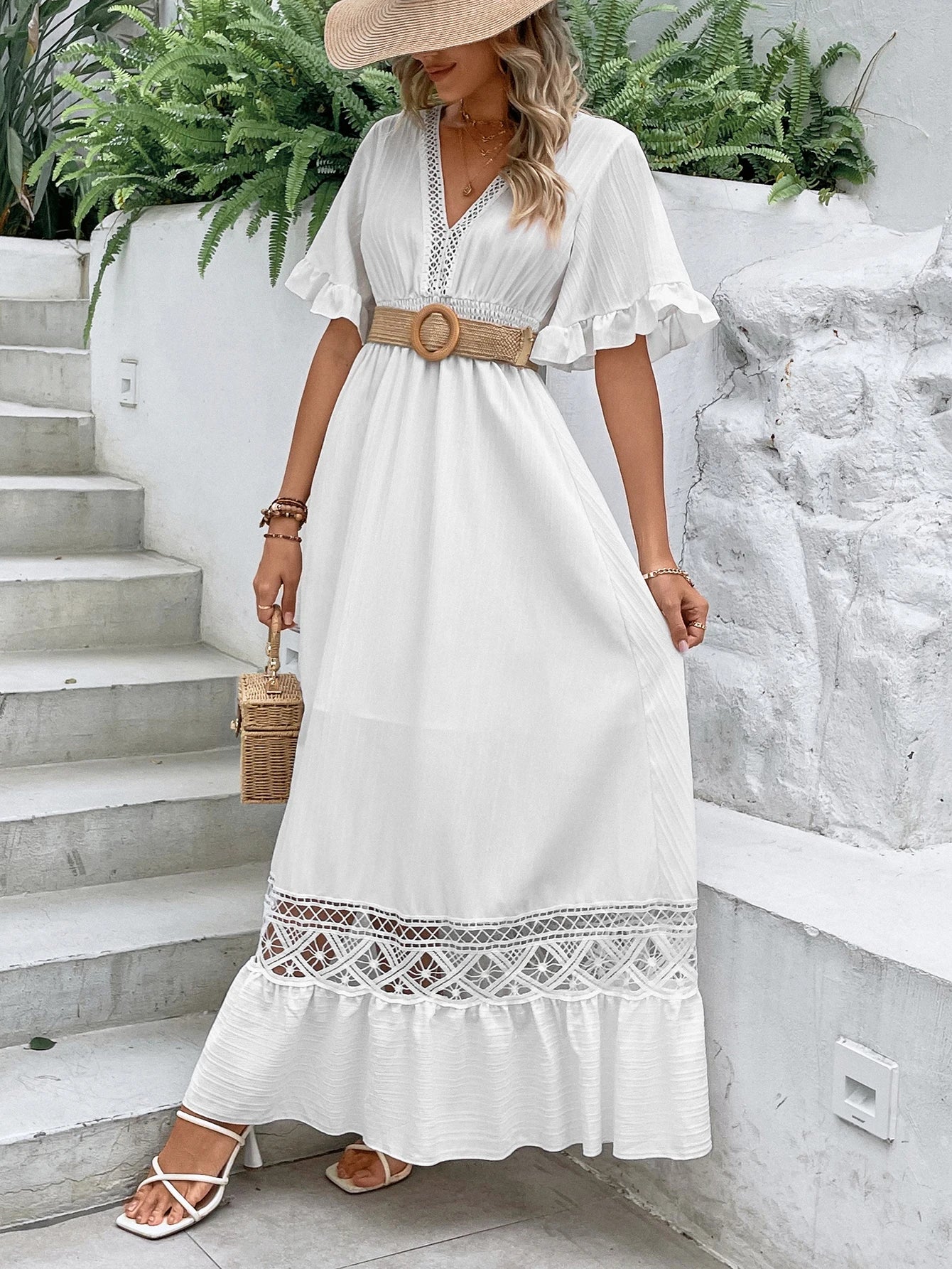 Elegant Solid White Long Dress - Bohemia Hollow Hem Sexy Short Sleeves Dresses High Waist Beach Party Maxi Dress