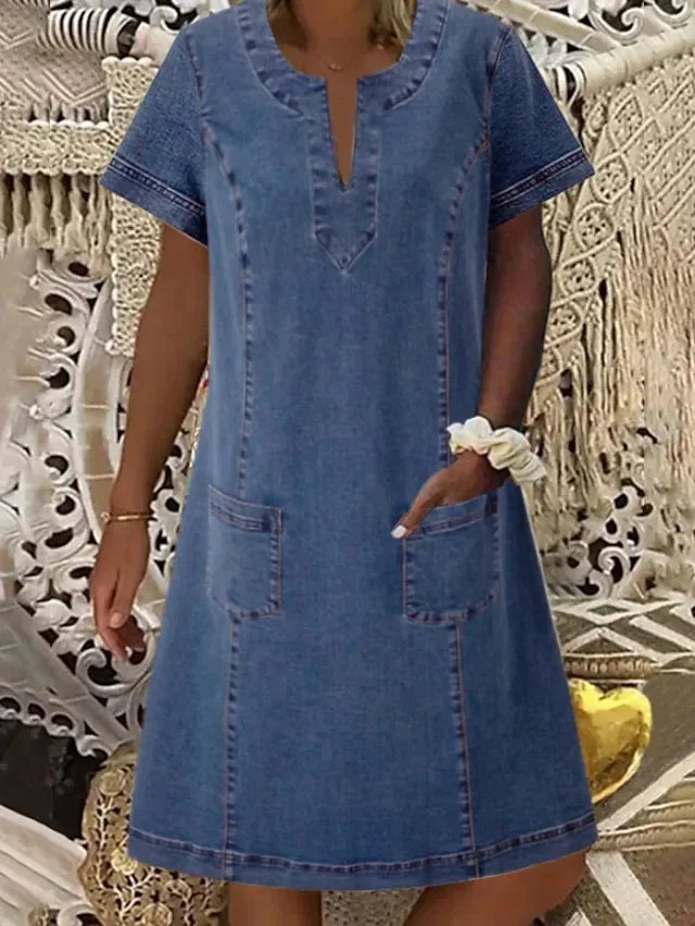 Women’s Casual V-Neck Denim A-Line Dress – Short Sleeves, Pockets, All-Season, Loose Fit Mini Dress