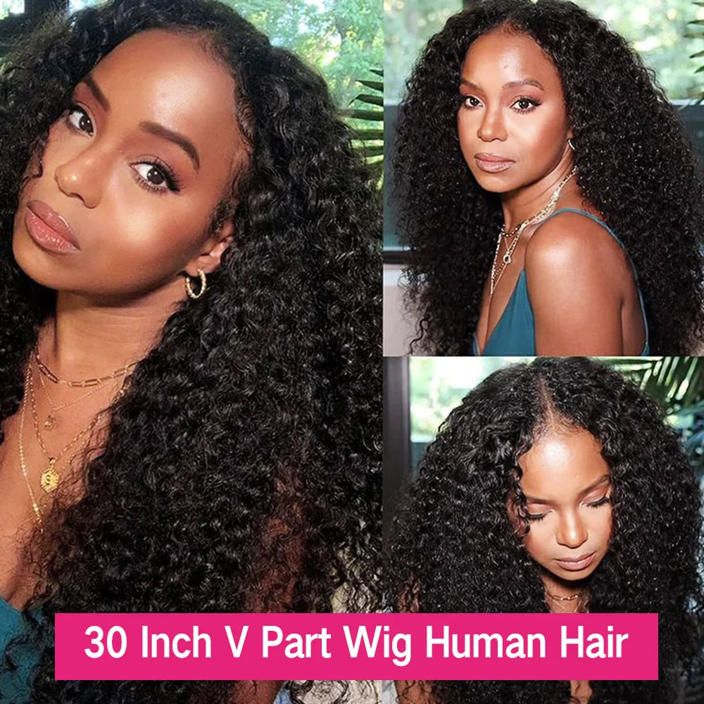 Curly V Part Wig Human Hair 250% Glueless - for Women Brazilian Remy Deep Wave 30 32 34 Inch Wig