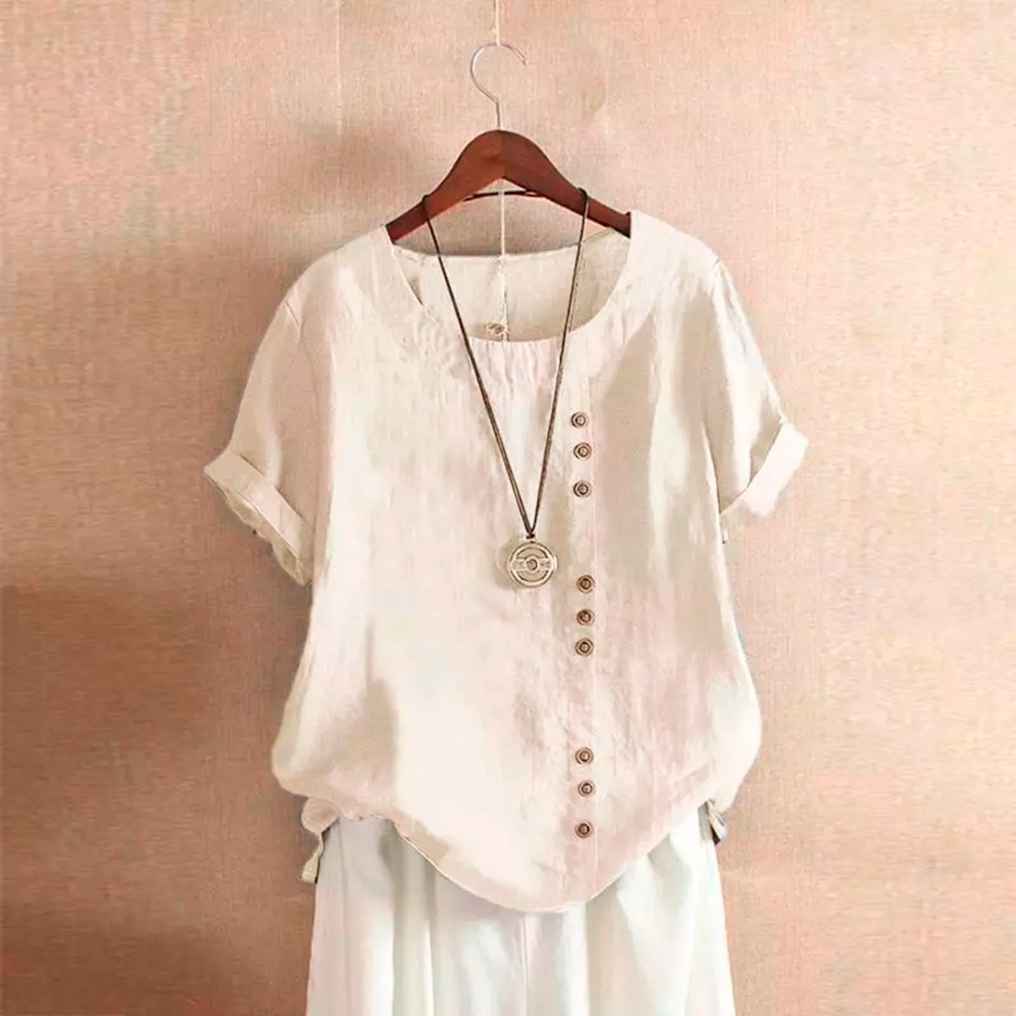 Summer Casual Linen Cotton Blouse Women / Elegant Button Short Sleeve Shirt