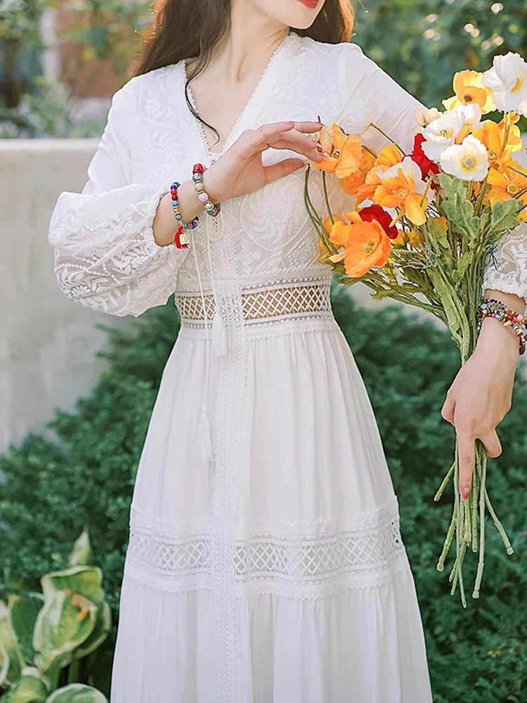 Vintage White Lace Boho Maxi Dress for Summer