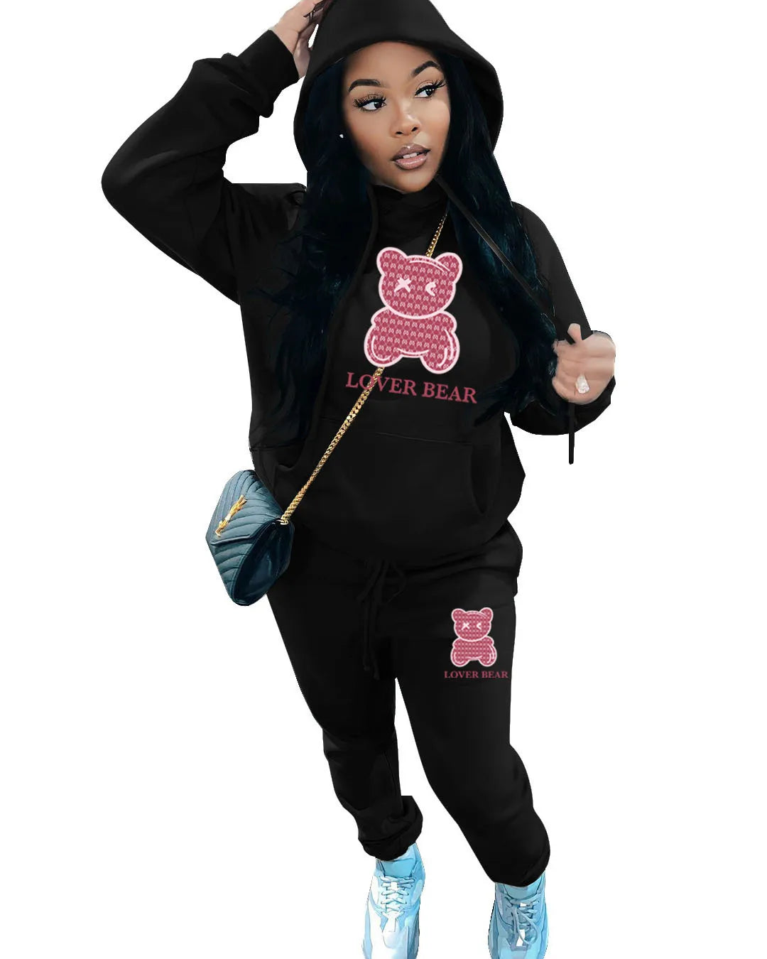 Bear Letter Print Kangaroo Pocket Tracksuit Set Long Sleeve Hoodie+Drawstring Trousers Women Two Pieces Matching Suits