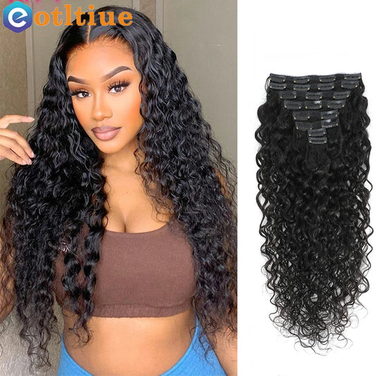 Remy Brazilian Water Wave Clip-In Hair Extensions - 8 Pieces, 120g, Natural Color, 12-26 Inches