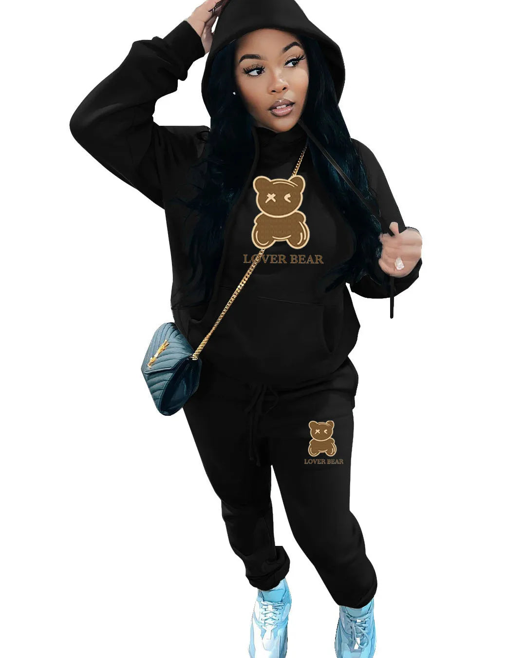 Bear Letter Print Kangaroo Pocket Tracksuit Set Long Sleeve Hoodie+Drawstring Trousers Women Two Pieces Matching Suits