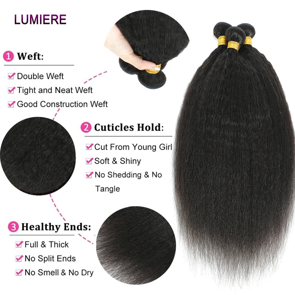 40" Kinky Straight Virgin Brazilian Hair Bundles – Yaki Texture, 1/3/4 PCS Weave, Thick Ends, Natural Human Hair Extensions