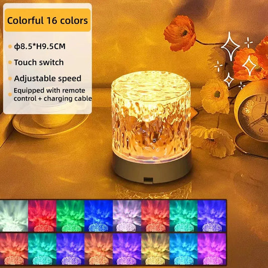 RGB LED Crystal Table Lamp – Rotating Water Ripple Projection & Dimmable Night Light