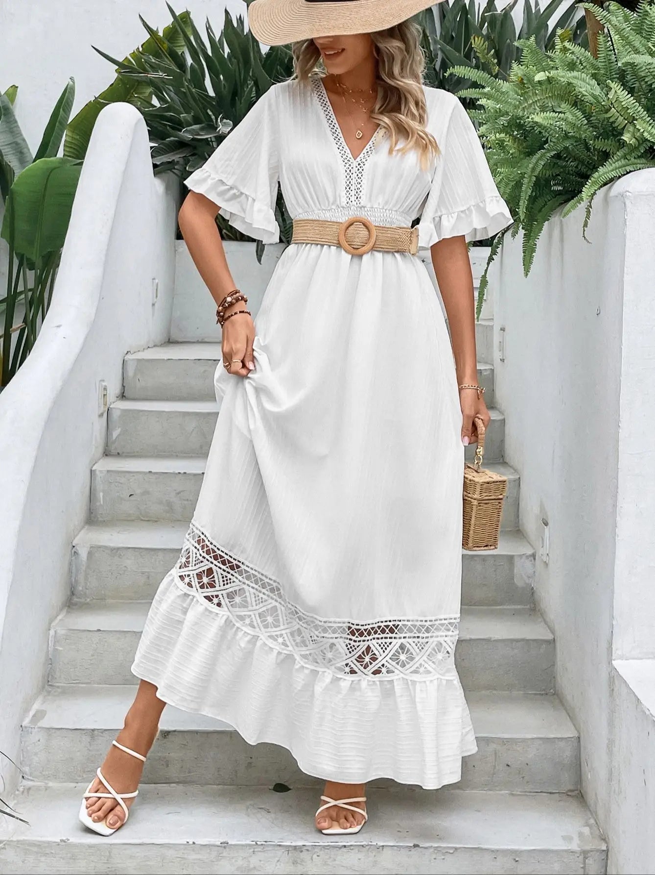 Elegant Solid White Long Dress - Bohemia Hollow Hem Sexy Short Sleeves Dresses High Waist Beach Party Maxi Dress