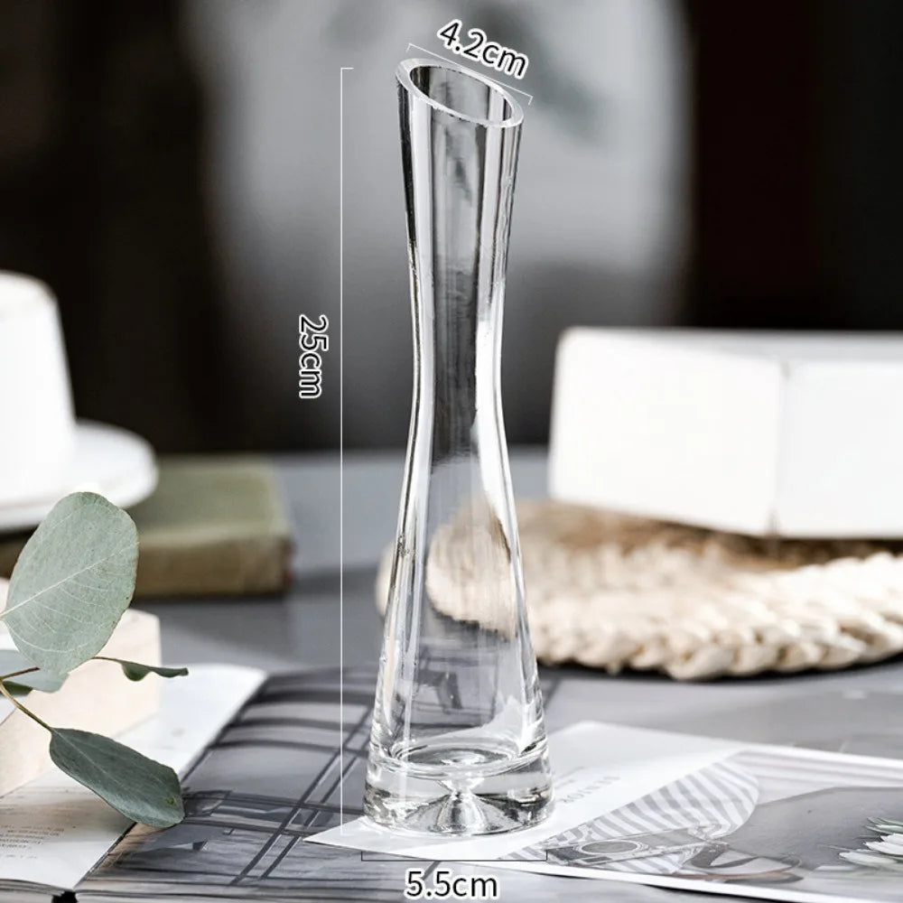 Modern European Transparent Glass Vase – Slanted Mouth Hydroponic Flower Vase for Home Decor, Table Centerpiece, Office & Living Room Decoration