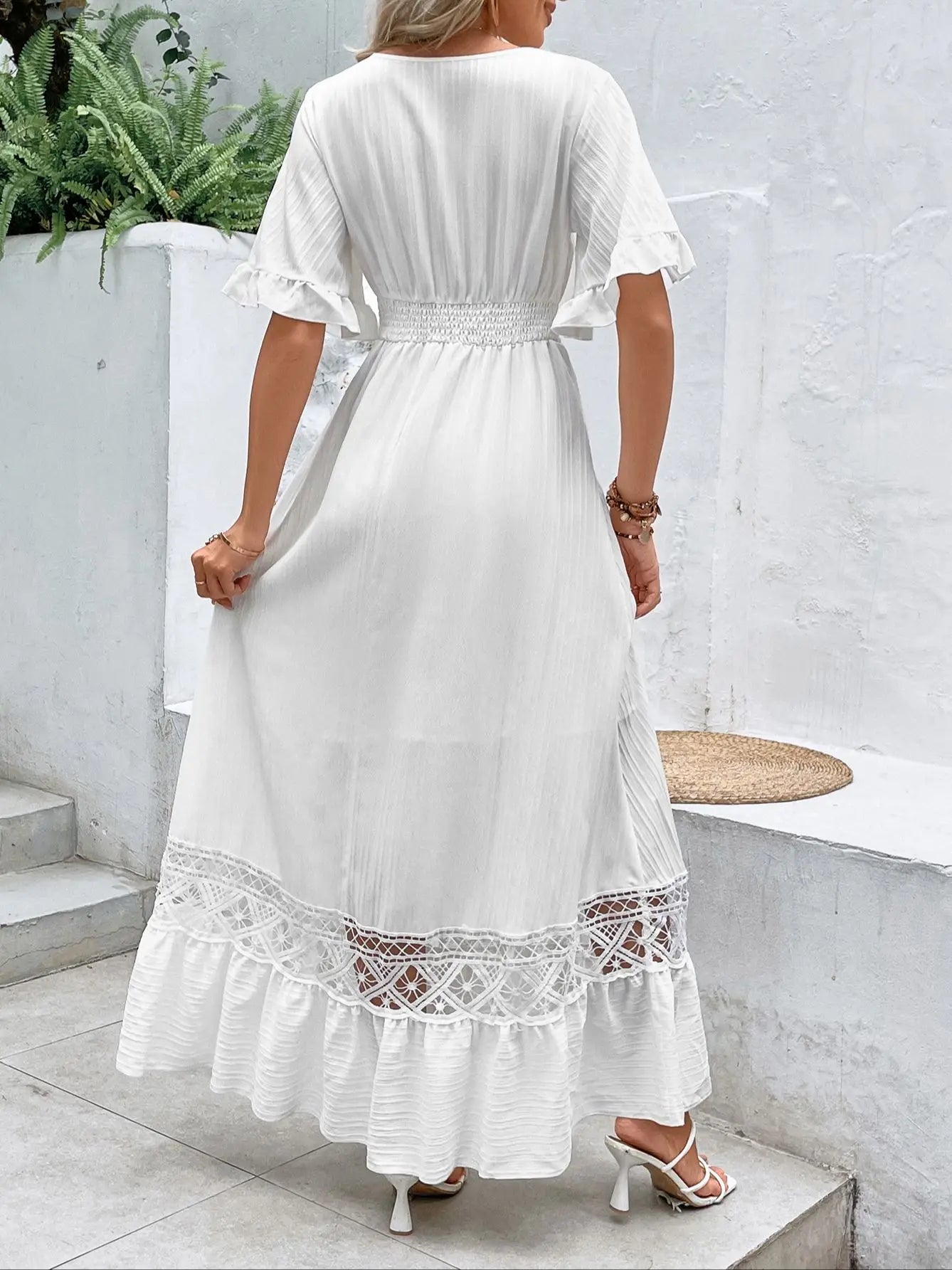 Elegant Solid White Long Dress - Bohemia Hollow Hem Sexy Short Sleeves Dresses High Waist Beach Party Maxi Dress