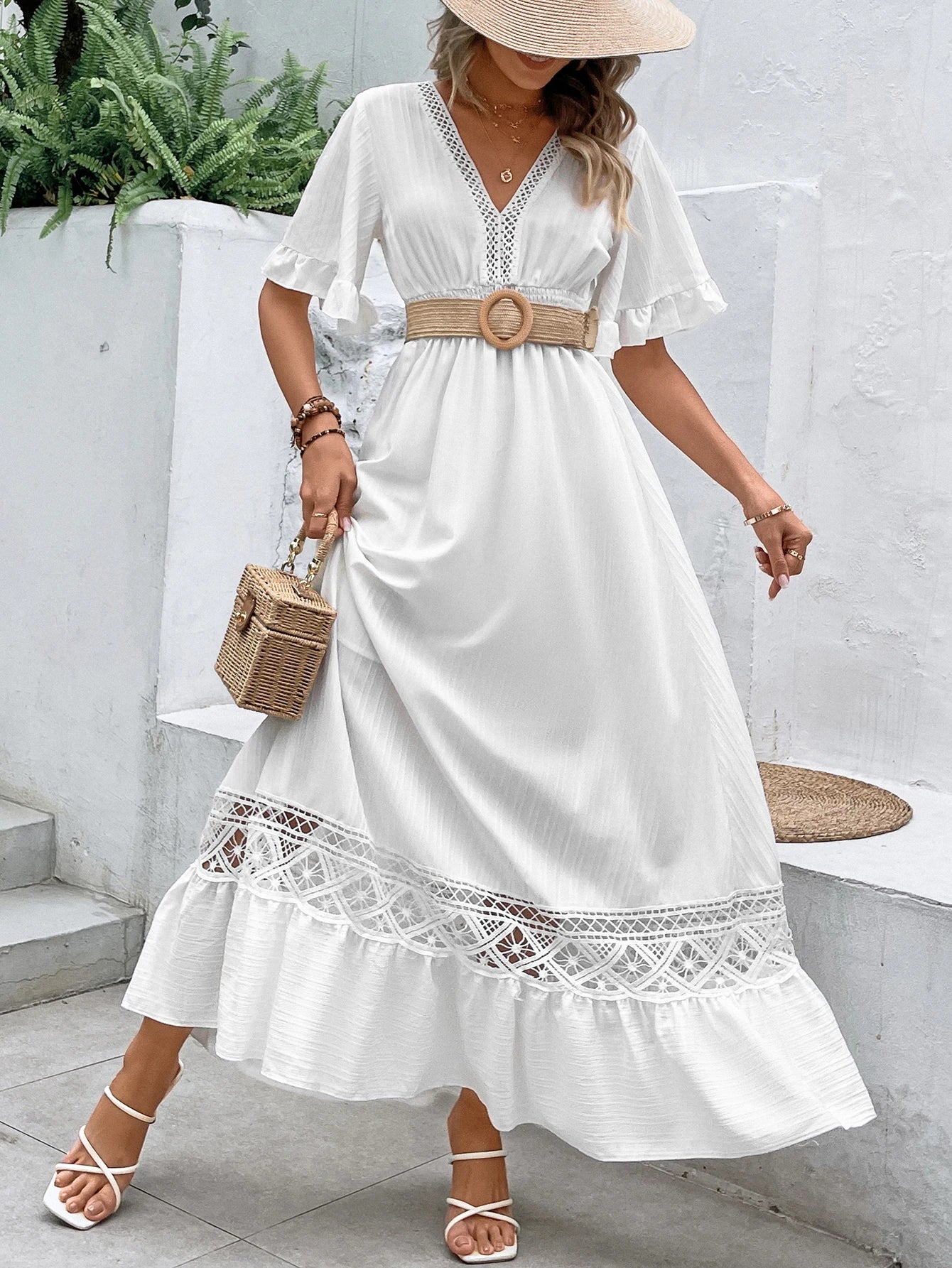 Elegant Solid White Long Dress - Bohemia Hollow Hem Sexy Short Sleeves Dresses High Waist Beach Party Maxi Dress