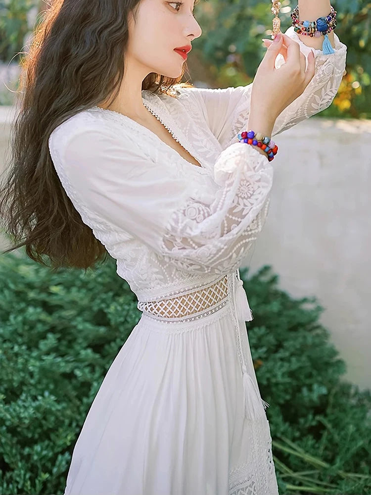 Vintage White Lace Boho Maxi Dress for Summer