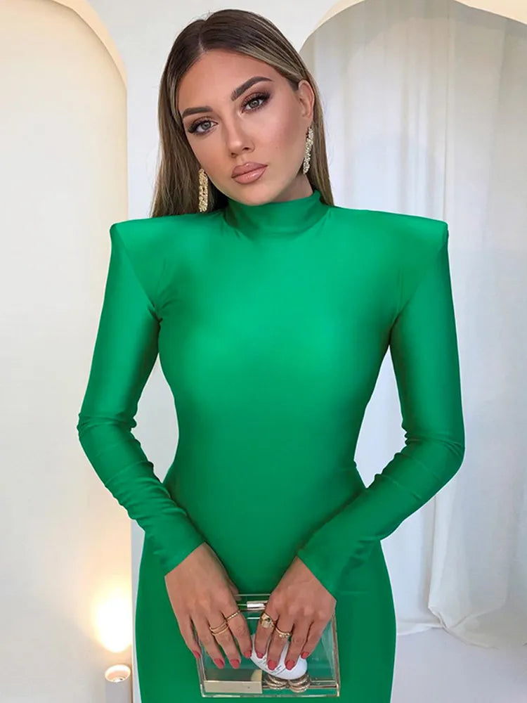 Hugcitar Solid Long Sleeve With Shoulder Pads Turtleneck Maxi Dress