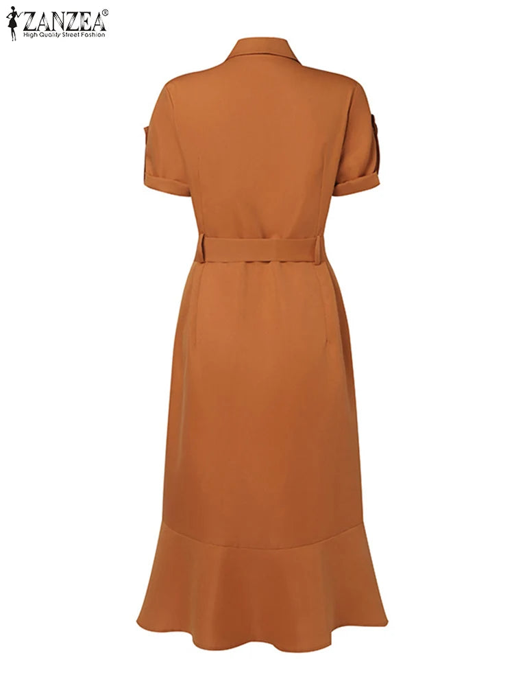 ZANZEA Summer Short Sleeve Lapel Neck Midi Dress