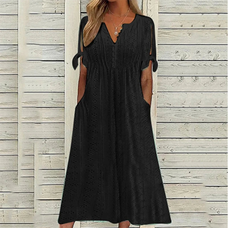 Hollow Out Lace Long Dress for Women - Summer 2024 V-Neck Casual Beach Dress