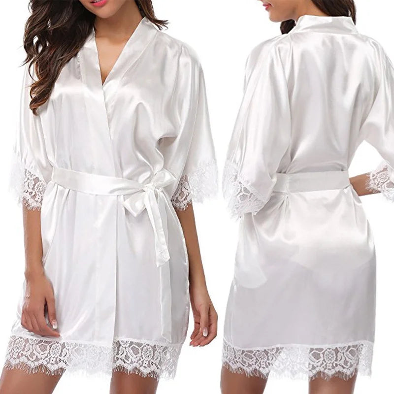 Women Iace Silk Pajamas Robes Sleepwear Nightgowns Half Sleeve