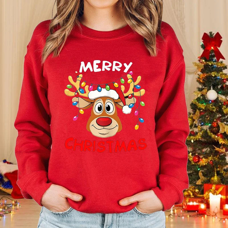 Women’s Merry Christmas Elk Sweatshirt – Cute Holiday Pullover, Fleece-Lined, Casual Winter Knit Top