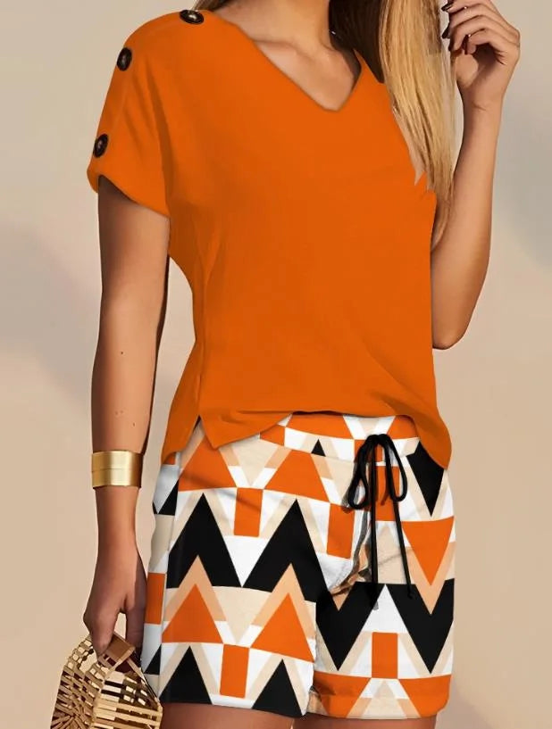 Kalenmos Women’s Summer 2-Piece Tracksuit – V-Neck Pullover Top & High-Waist Shorts with Pockets