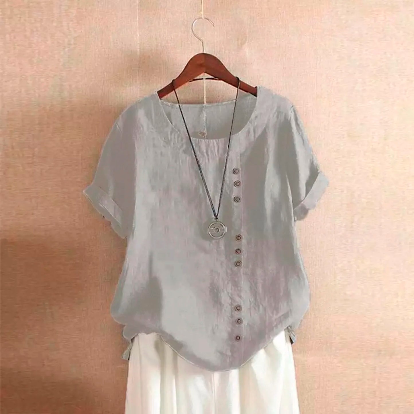 Summer Casual Linen Cotton Blouse Women / Elegant Button Short Sleeve Shirt