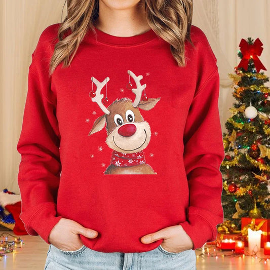 Women’s Merry Christmas Elk Sweatshirt – Cute Holiday Pullover, Fleece-Lined, Casual Winter Knit Top