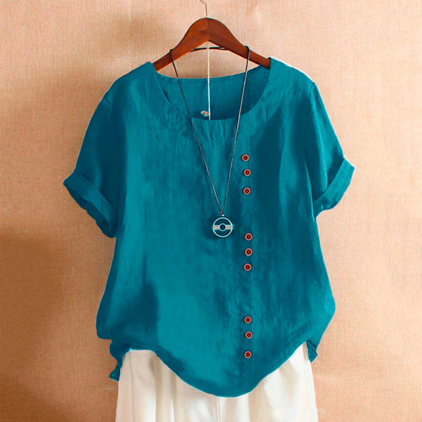 Summer Casual Linen Cotton Blouse Women / Elegant Button Short Sleeve Shirt